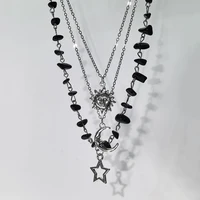 Ensemble de 3 colliers avec pendentif étoile, soleil et lune en agate noire Y2K, adaptés aux fêtes et à un usage quotidien 1