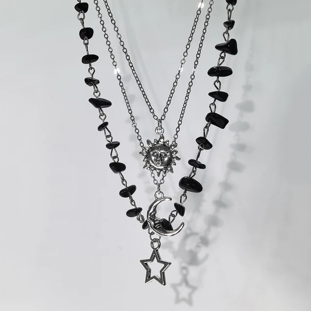 Ensemble de 3 colliers avec pendentif étoile, soleil et lune en agate noire Y2K, adaptés aux fêtes et à un usage quotidien 1