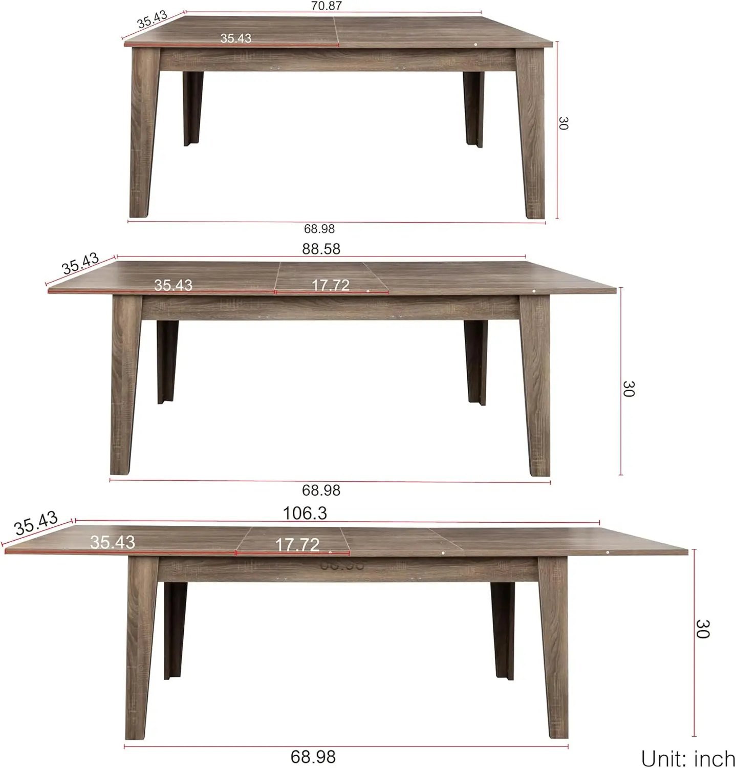 Description Picture 3 of itemRustic Wood Extendable Dining Room Table 71"-106" Rectangular Expandable Dining Tables for 6-12 people (Dark Oak)