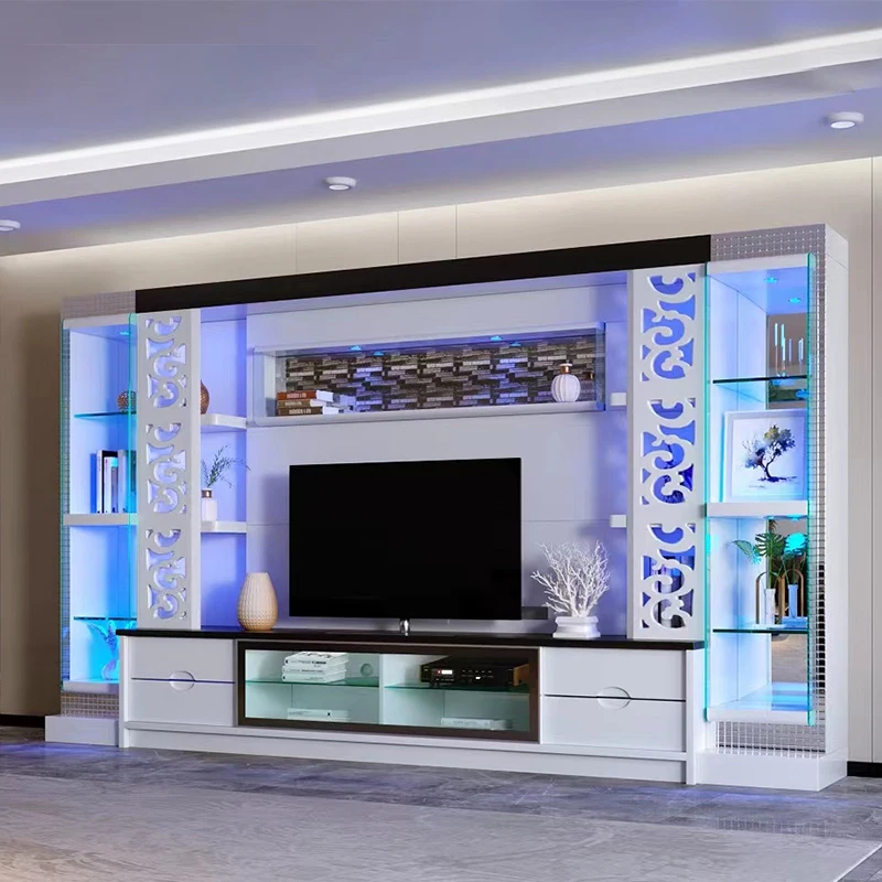 Modern Luxury Living Room Led Wall Unit Tv Cabinet Home Furniture New Design White Solid Wood Storage Display Rack Tv Stand
