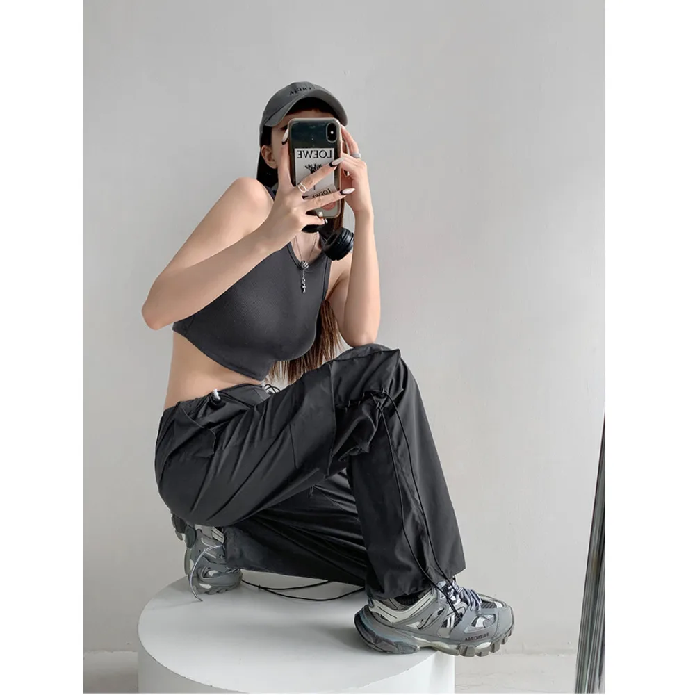

WOMENGAGA 2023 Summer American Street Camping Style Chic Design Cargo Pants Female Low Waist Drawstring Ruffian Cool Loose 6E2Y