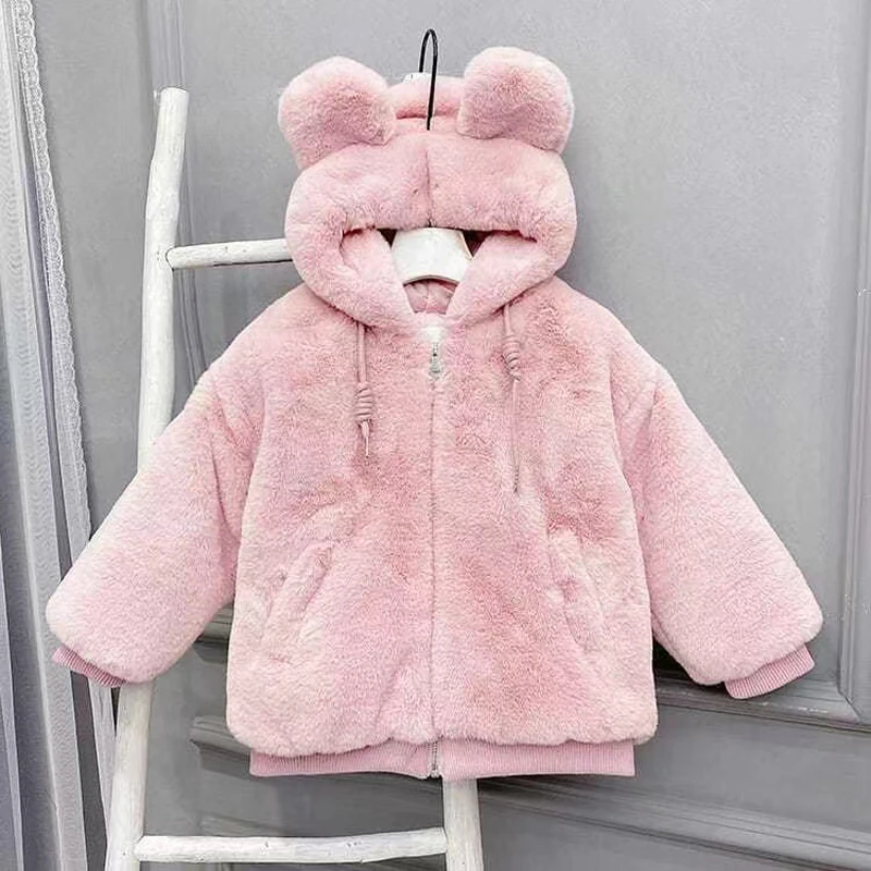 Toddler Girl's Warm Plush Hooded Coat with Bear Ears 5