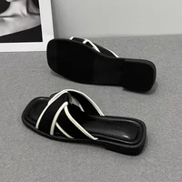 Women's Slippers and Ladies Sandals Open Toe Low Heel Outside on Beach House Black Indoor Home Slides Shoes Beige Word Flat - Image 2
