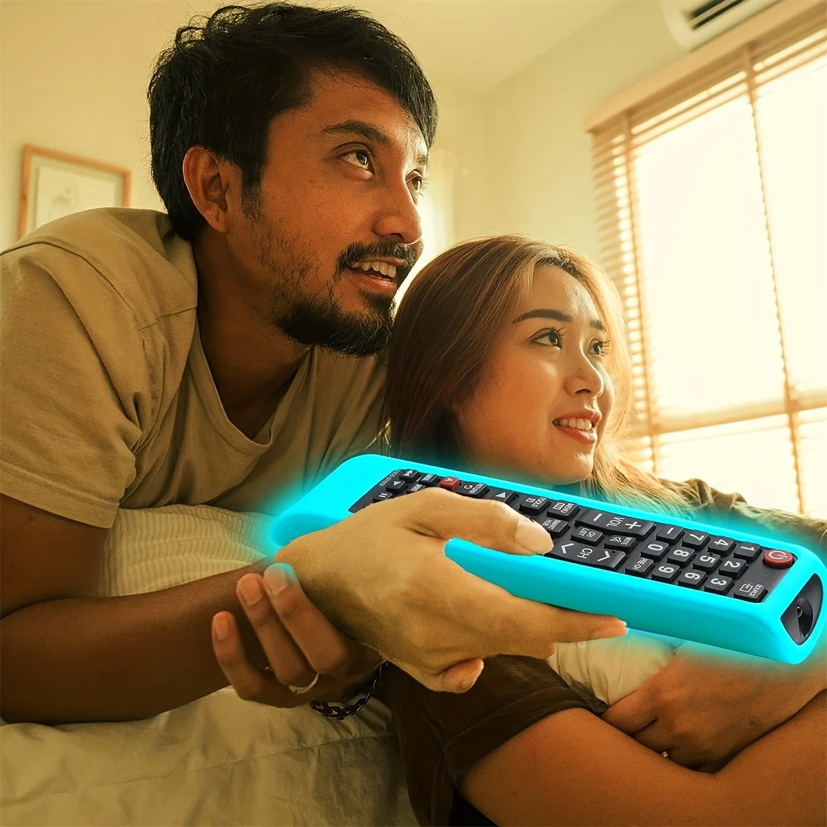 Close-up of Samsung remote control inside silicone cover