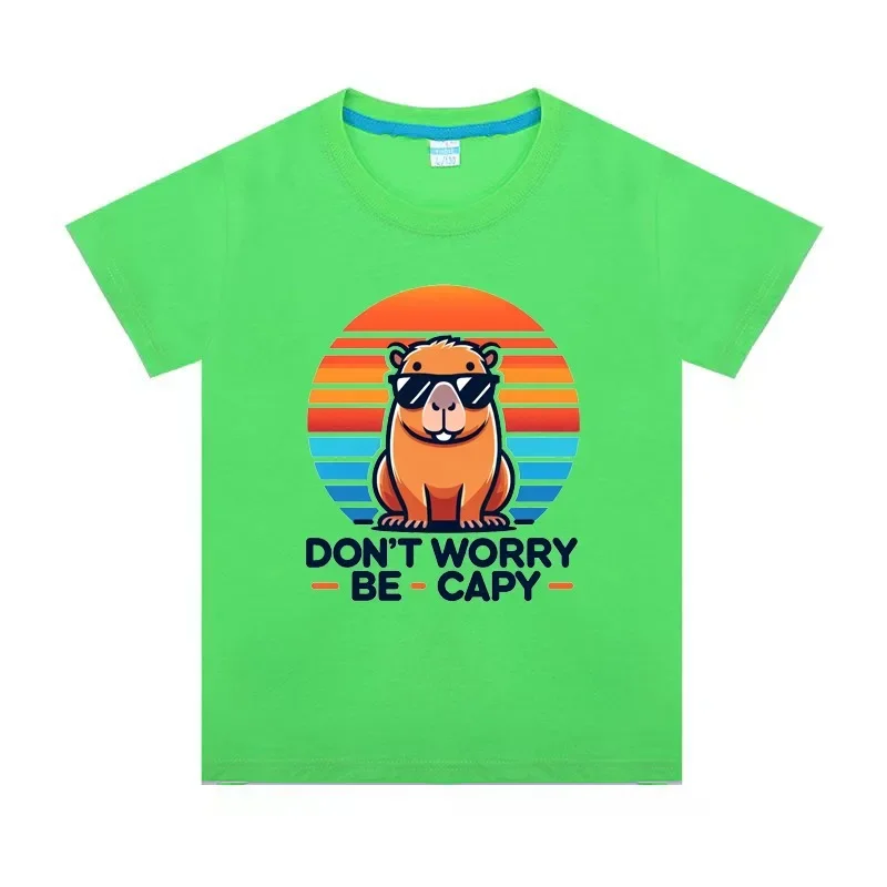 Boy Short Sleeve DON'T WORRY BE CAPY Funny Print Capybara T-shirt Crewneck Tee Tops for 2-15 Kids Value Cotton 2024 Summer New 2