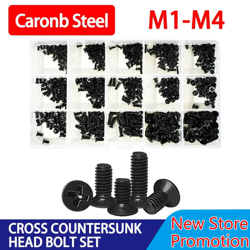 

M1 M1.2 M1.4 M1.6 M2 M2.5 M3 M4 Countersunk Bolt Set Phillips Flat Head Black Caronb Steel Machine Screw Metric Assorment Kit