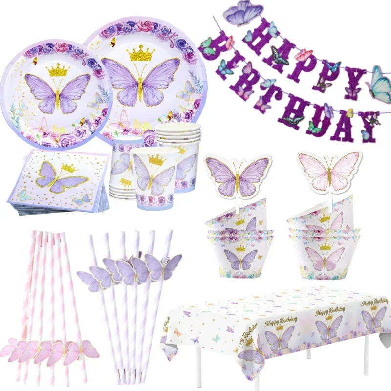 Party Tableware Spring Tea Party Purple Butterfly Disposable Tableware Set Birthday Party Decoration Holiday Paper Plate Paper Cup