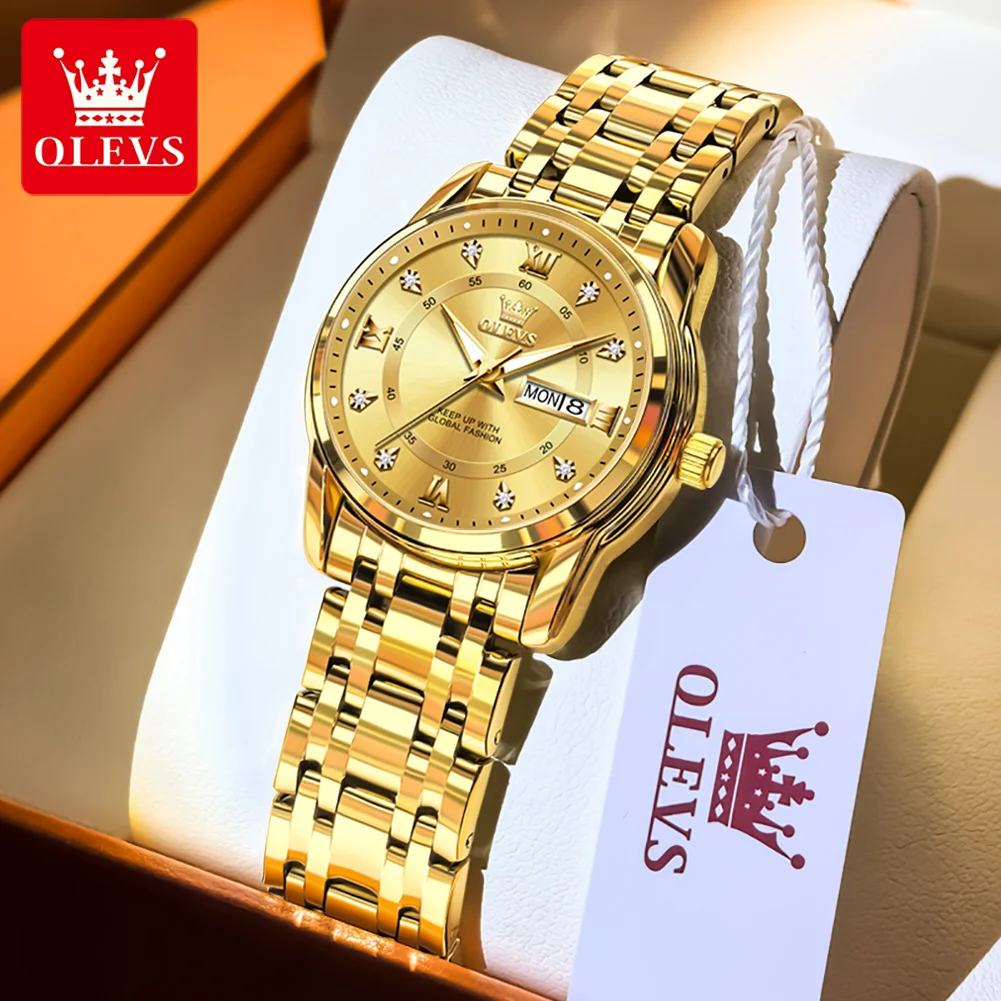 Relógio de quartzo feminino de aço inoxidável da moda, luxuoso, com calendário duplo, luminoso, à prova d'água, elegante para mulheres_voghion.com