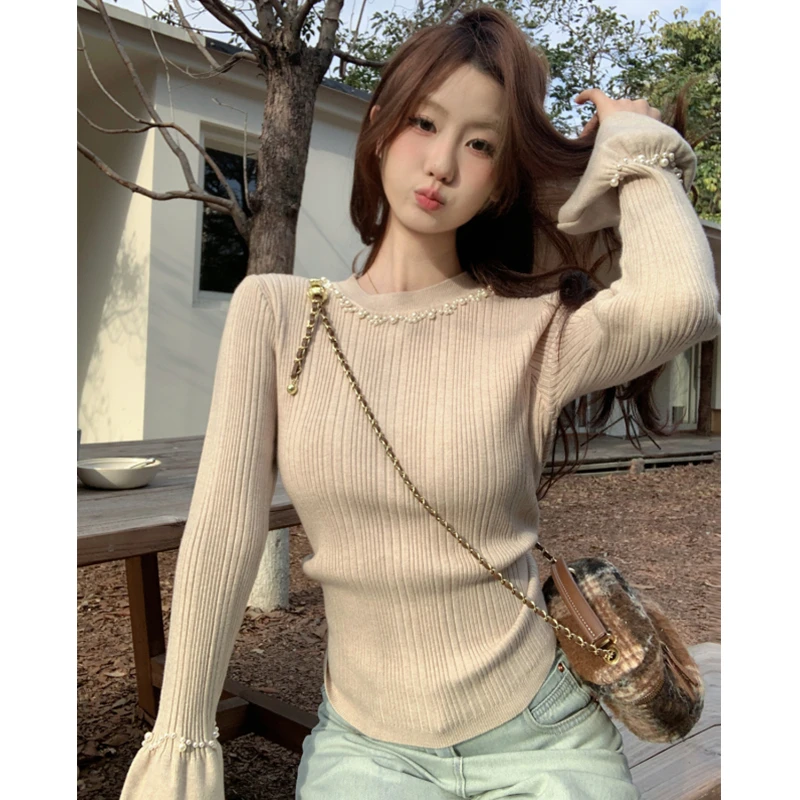 Autumn Winter flare Sleeve half Turtleneck Knitted Sweater Female korean Casual Pullover Jumper Slim Tops Women Beading Sweaters 4