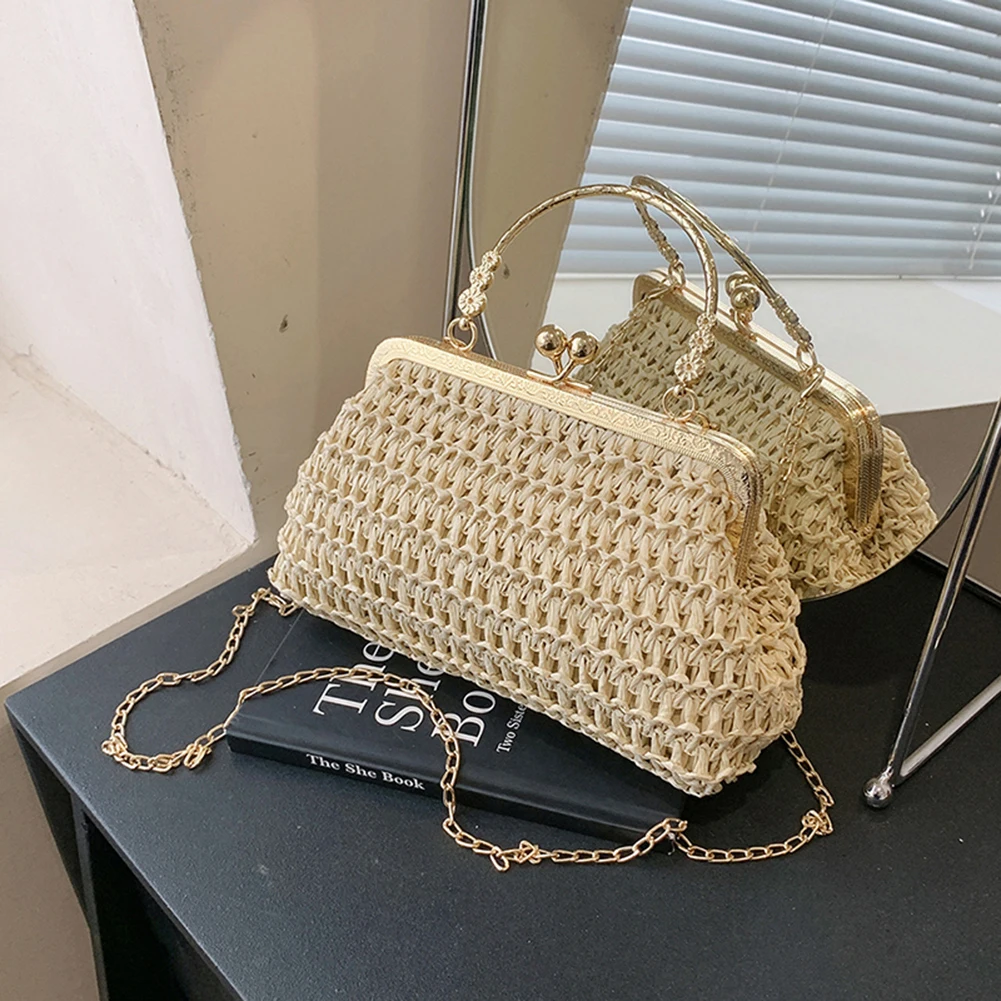 Woven Straw Chain Clutch Bag for Women Summer Party