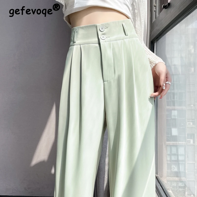 Women Clothes Korean Fashion Pleated Elegant Thin Suit Pants Female High Waist Straight Wide Leg Trousers 2024 Summer Pantalones