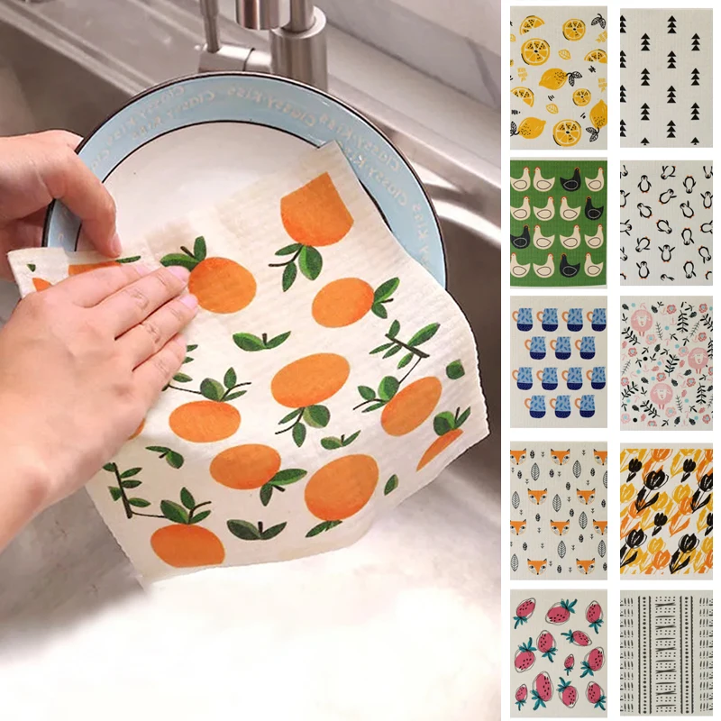 

Cleaning Cloth Printed Absorbent Dishcloth Reusable Wet Dry Household Kitchen Rag Dishwashing Scouring Pad Cleaning Supplies