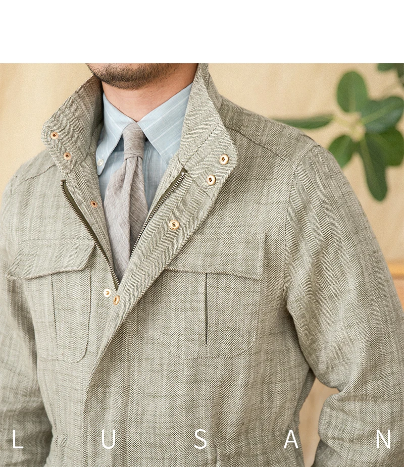 Baumwolle und Leinen, vertikaler Kragen, enge Taille, M65-Jagdjacke, Retro-All-Match-Frühlings- und Sommer-leichte Freizeitjacke – Detail 32