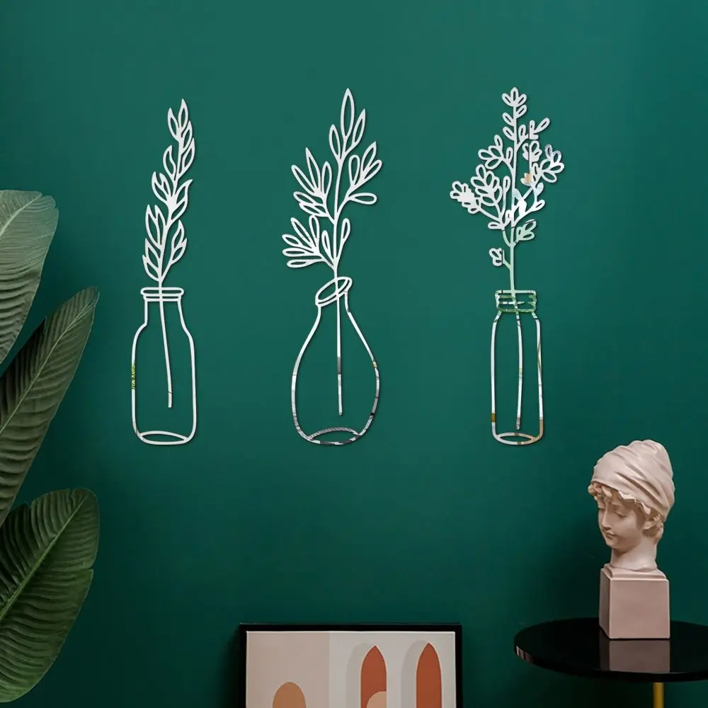 3PCS/Set 3D Flower Vase Wall Stickers Acrylic Self-adhesive Mirror Surface Decals Potting Plant Home Decor Living Room Ornament
