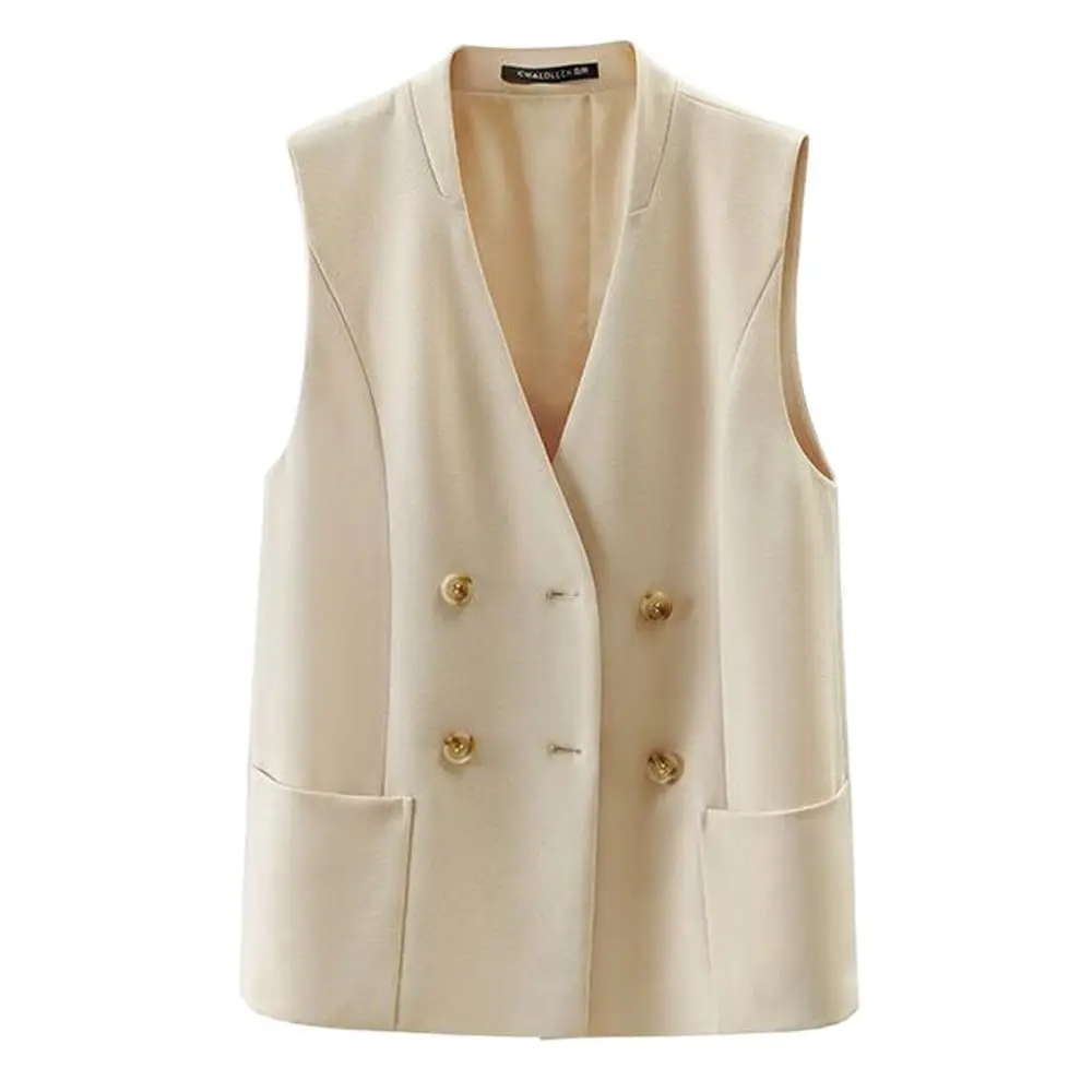 

Autumn Vest Sleeveless Suit Women Vintage V-Neck Double Breasted Waistcoat Gilet Womens Chalecos Para Mujer Kamizelka Damska