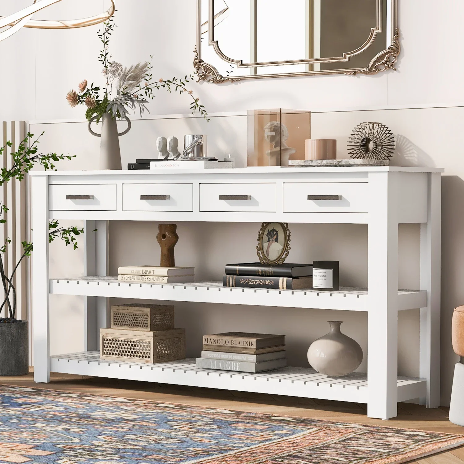 

Elegant and Functional U_Style Console Table with 4 Drawers and 2 Shelves, Perfect for Entryways and Living Rooms - Stylish Addi