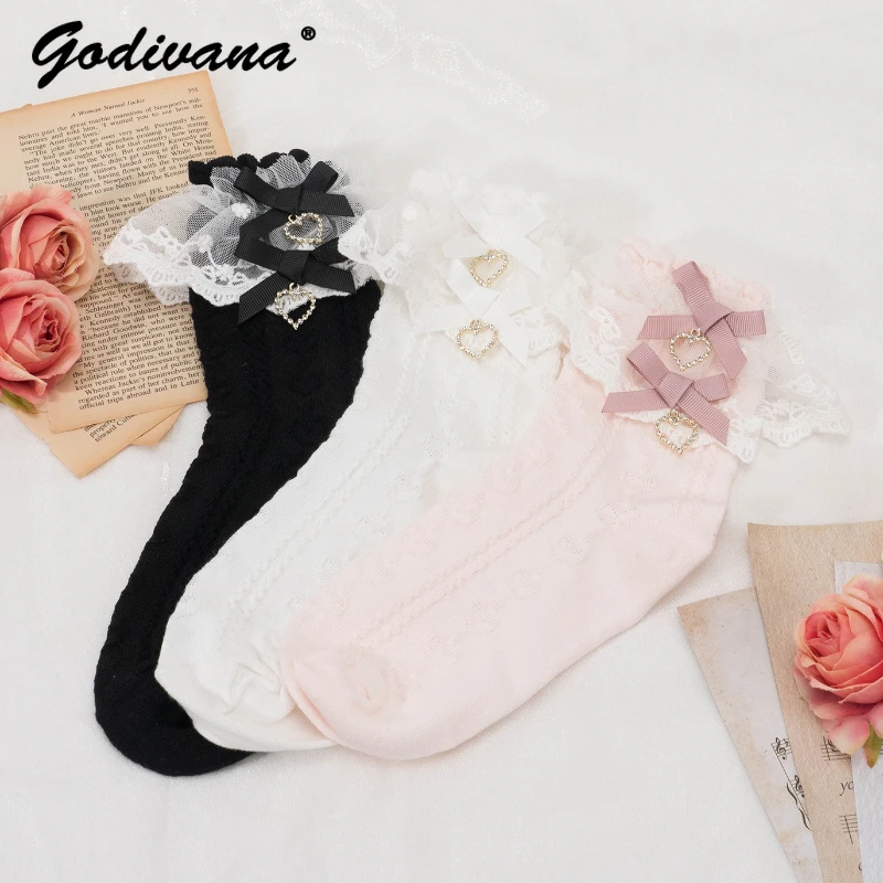 Japanese Style Student Girls Lace Heart-Shaped Bow Cotton Socks Sweet and Cute Women's Mass-Produced Lolita Mid-Calf Socks