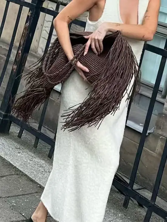 Casual Tassel Woven Women Shoulder Bags Handmade Fringe Lady Handbags Summer Beach Large Tote Bag Big Shopper Purse for Vacation