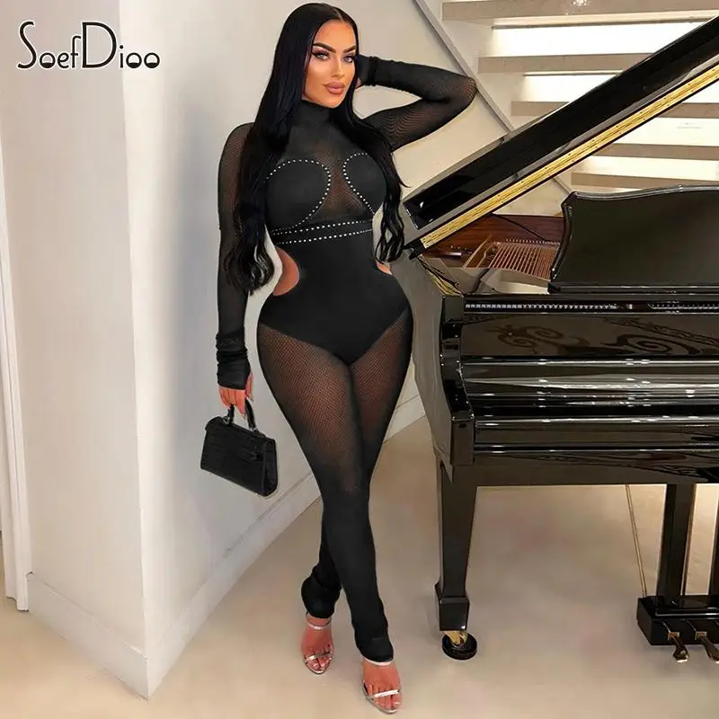 

Soefdioo Mesh See Through Patchwork Cut Out Skinny Stretch Jumpsuits Women Fashion Long Sleeve One Piece Rompers 2023 Clubwear