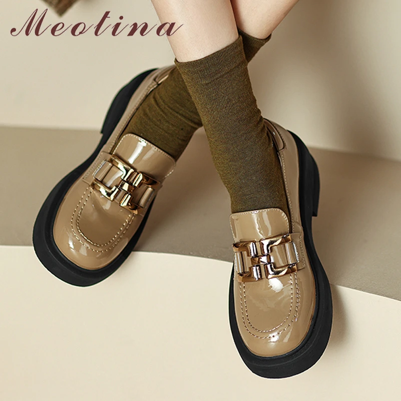 

Meotina Women Genuine Leather Round Toe Block Mid Heels Pumps Metal Decoration Ladies Fashion Spring Autumn Shoes Apricot Black