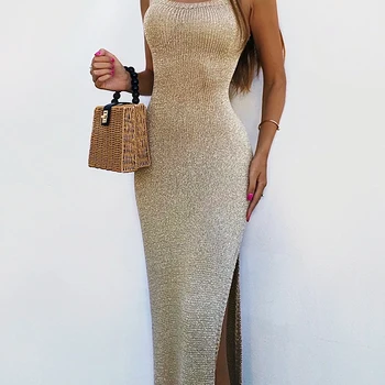 D rauing 여성용 하이 스플릿 백리스 드레스, 발목 길이, 민소매 스키니 사이드 스플릿 파티 여름 드레스