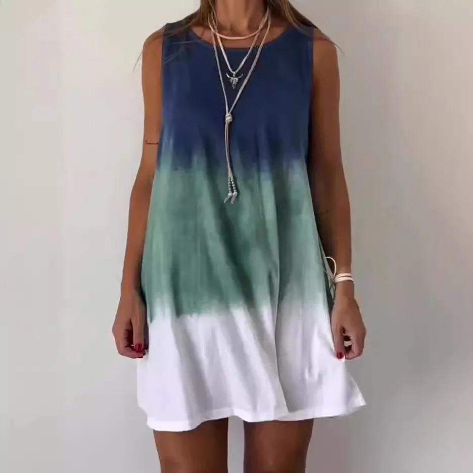 

2024 Summer Women's New Fashion Tie Dyed Dress Sleeveless Vacation Round Neck Dresses For Women