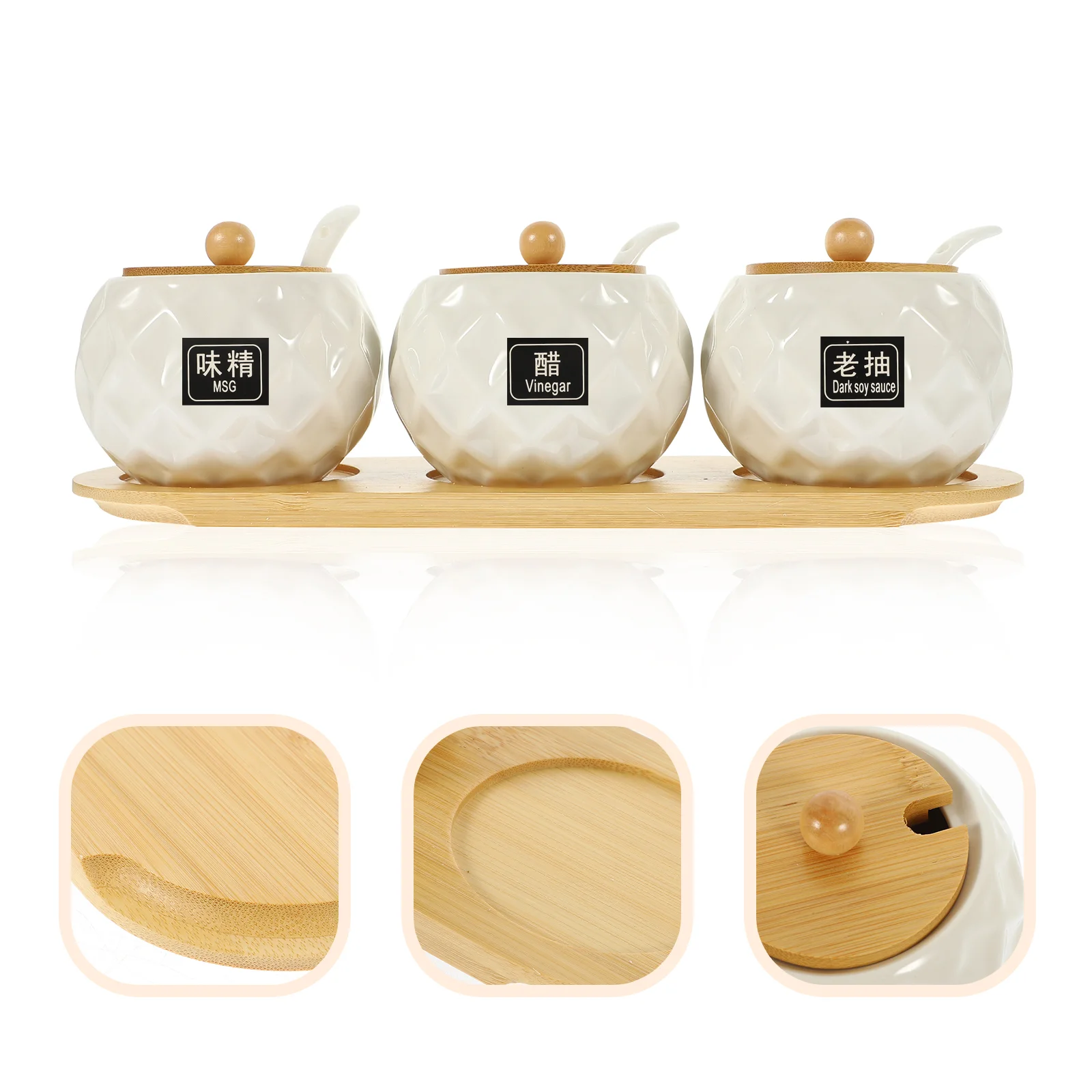 

Set of 3 Kitchen Ceramic Spice Jars with Bamboo Lids Seasoning Container Condiment Pot