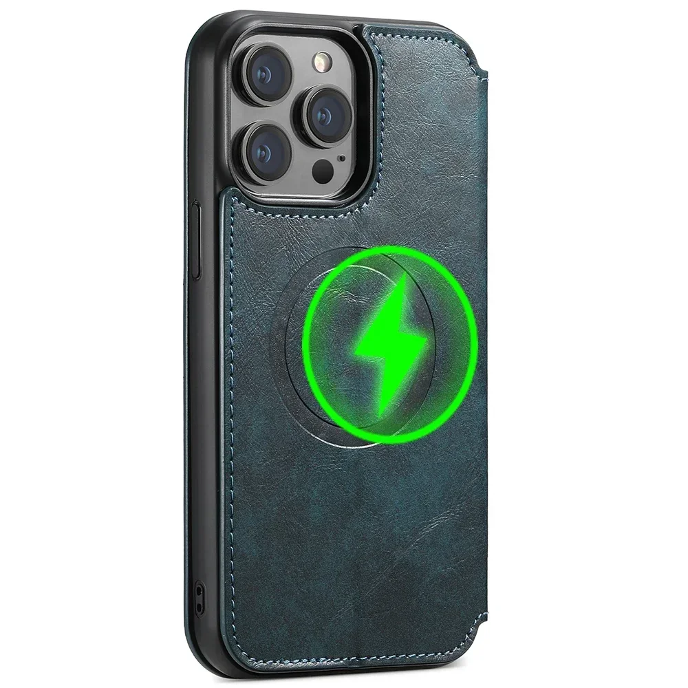 Magnetic Leather Wallet Phone Case with Wireless Charging & Kickstand