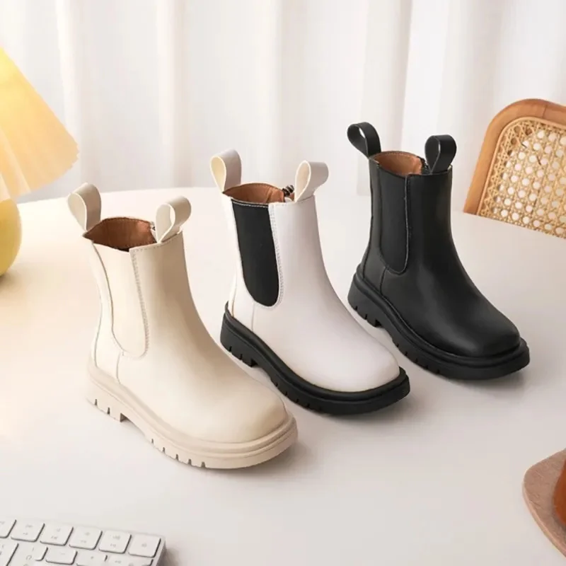 

Autumn Children Shoes Fashion Plush Mid-calf Boots for Girls Boys Kids Leather Waterproof Snow Boots Solid Color Zipper Botines