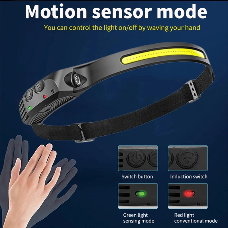 230 ° 충전식 LED 센서 헤드램프 스포트라이트 손전등, 캠핑 러닝 모션 센서 수리, 6 가지 모드 경량 헤드 램프