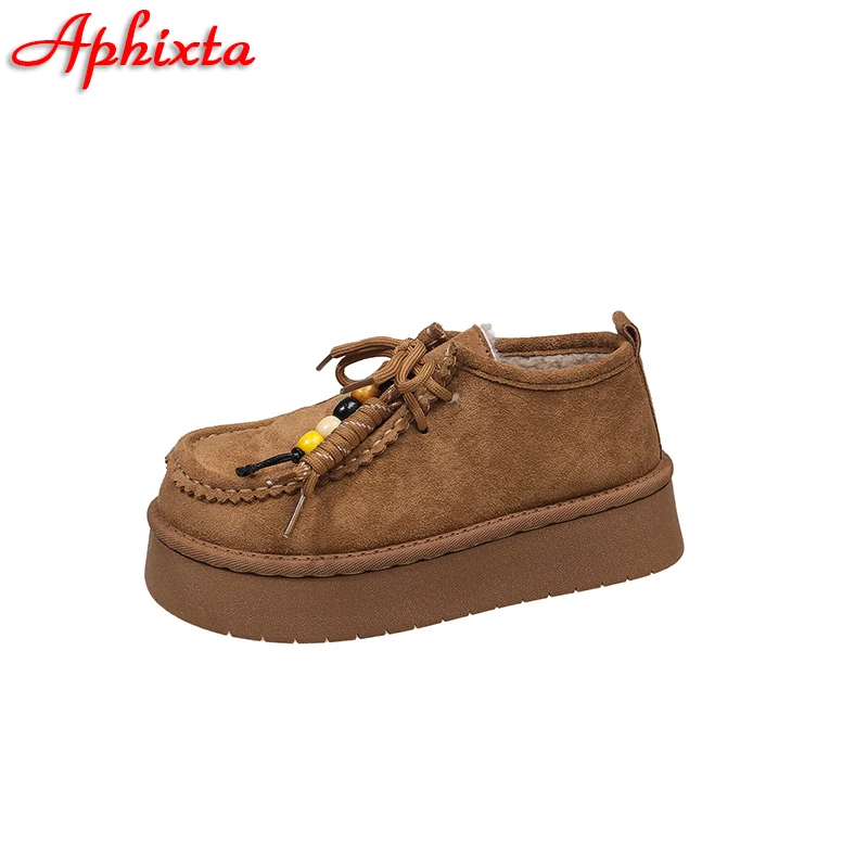 APHIXTA Tassels Platform Winter Plush Snow Boots Woman Bead Lace-up Tie Shoes Warm Ankle Boots Handmade Sewing Size 35-40