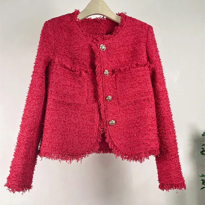 

Runway Tweed Fashion Women's Casual Red Coat Brand Luxury Woolen Jacket Casaco Outwear Top