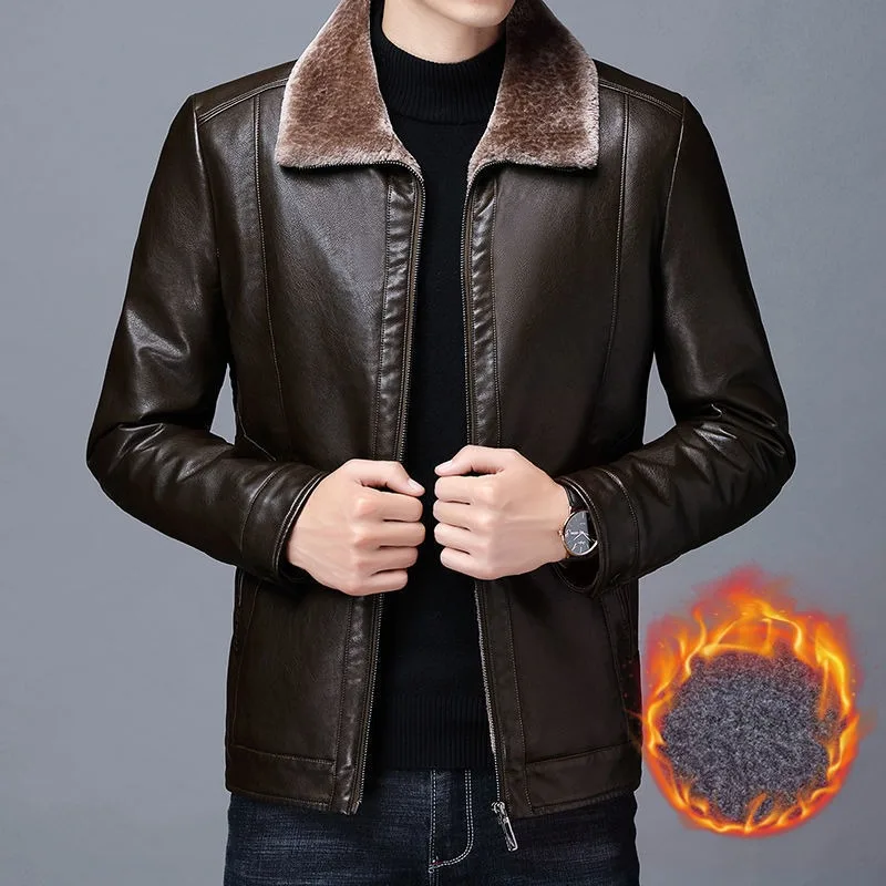 2023 New Men Winter True Leather Clothing Short Loose Leisure Overcoat Brushed Thicken Warm Jacket Fashion Simple Outwear
