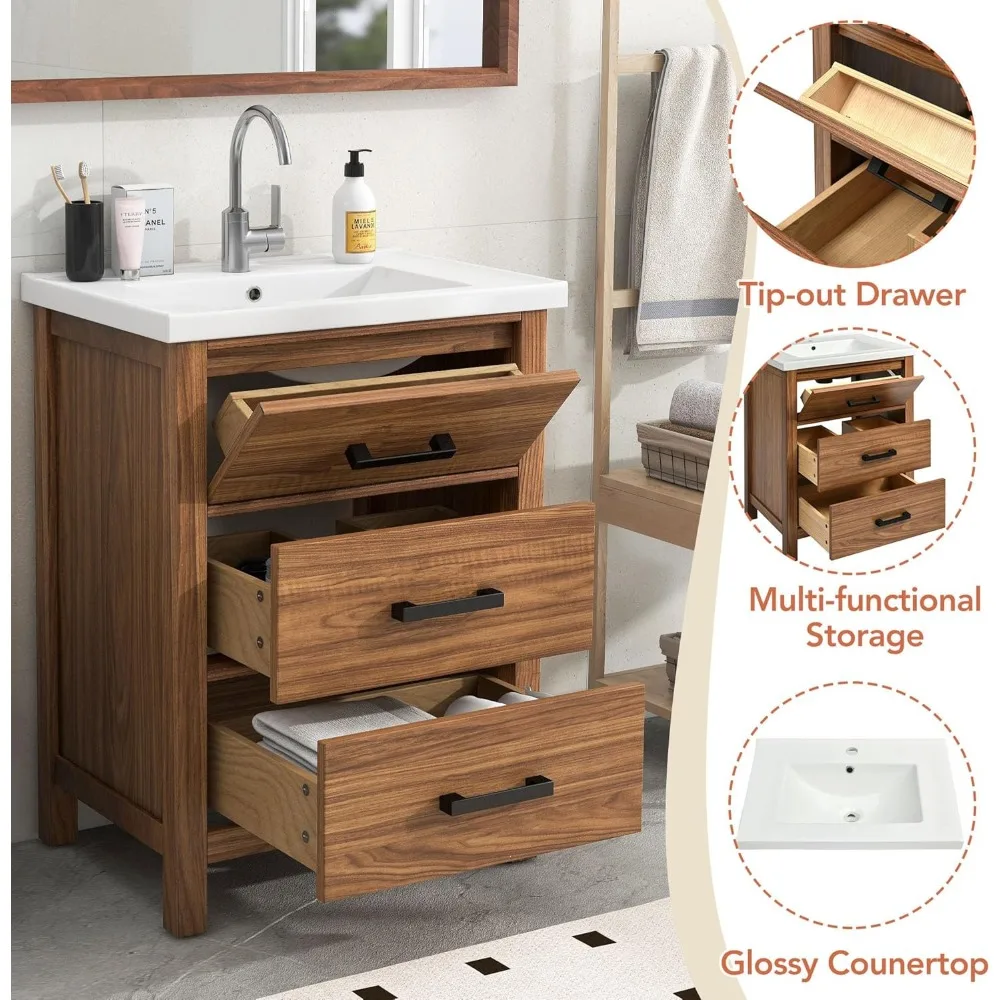 24" Bathroom Vanity with Sink,Bathroom Vanity with a Tip-Out Drawer and Two Pull- Out Drawers, Freestanding Single Sink , Wood 3