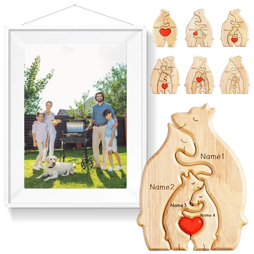 

Персонализированный Деревянный медведь на заказ, семейный Пазл «сделай сам», подарок, семейная фигурка для обнимания, настольное украшение для стола, украшение