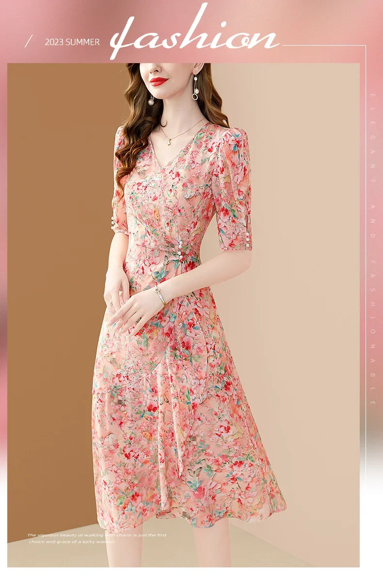 EVNISI Women Natural Silk Chic Chiffon Dress V-neck Spring Office