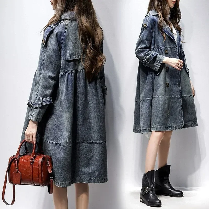 2024 Autumn Winter Women Age Reduction Loose Show Thin Mid-length Hgh Double Breasted European Station Fashion Denim Trench Coat