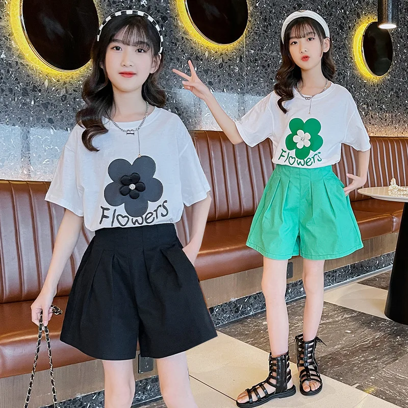 

New Girls Clothes Sets Summer Flower T-shirt + Short Pants 2PCS Tracksuit Children Clothing Set Kids Outfit 4 6 8 10 12 Year