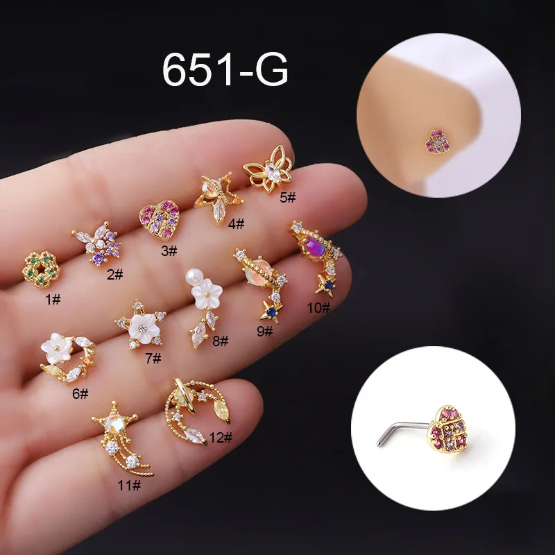 1PC 다채로운 L S 모양의 미니 코 스터드 스테인레스 스틸 플라워 큐빅 지르코니아 20G 콧 구멍 뼈 나사 인도 코 링 피어싱