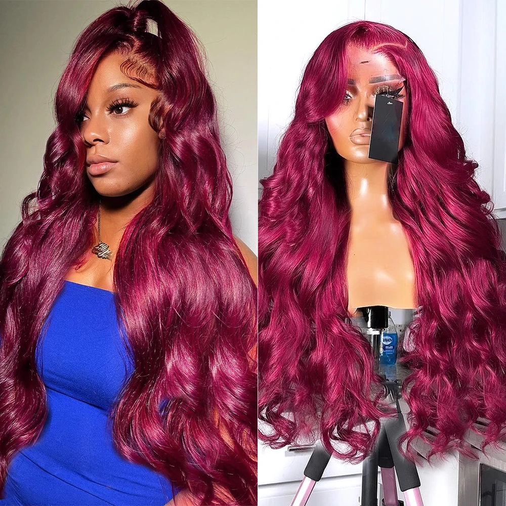

180% Плотность 99J бордовый 13x4 HD прозрачные волнистые передние парики из человеческих волос на сетке 30 дюймов красные цветные фронтальные парики для женщин