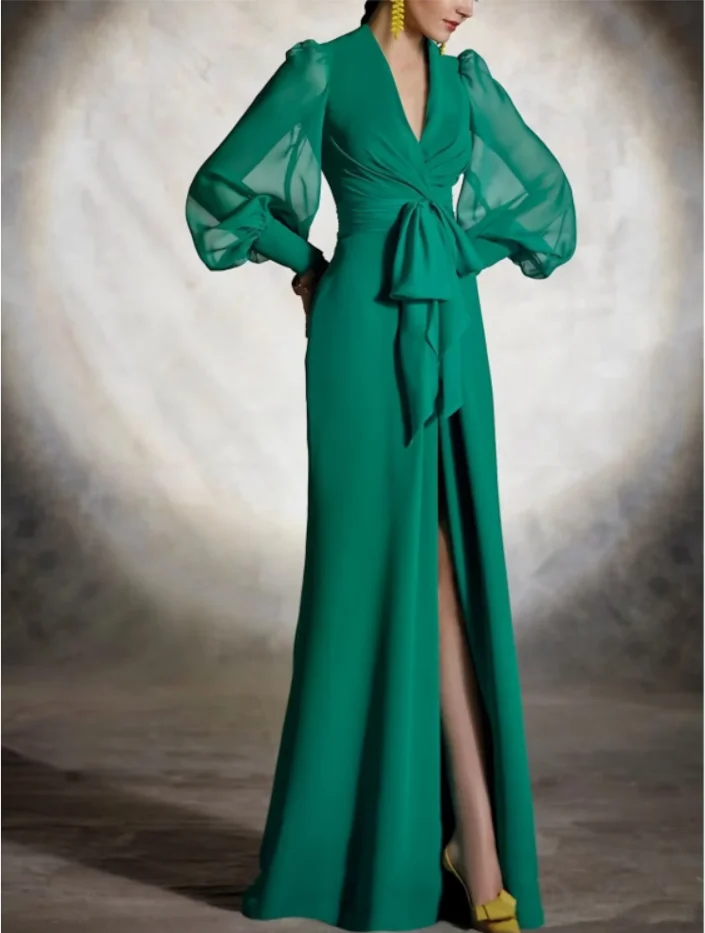 

Vintage Long Crepe Green Evening Dresses with Slit Mermaid V-Neck Floor Length Pleated Open Back Formal Party Gowns for Women