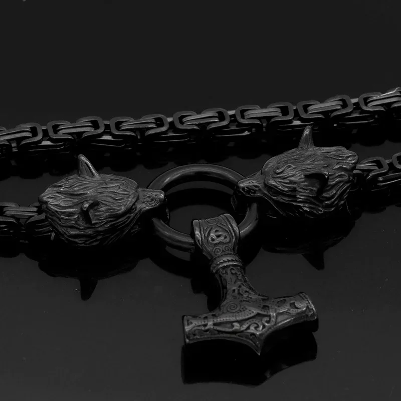 

Черная Цепь в скандинавском стиле для мужчин, подвеска из нержавеющей стали в виде головы волка, фотомолотка Тора, ожерелье с кулоном в виде короля викингов