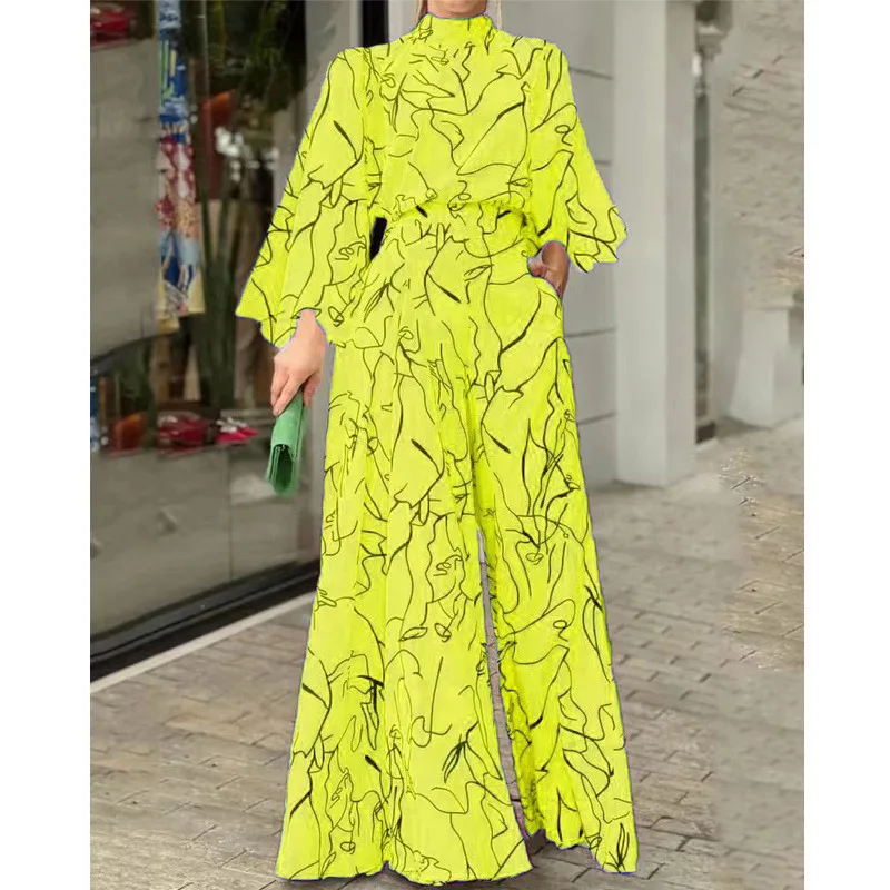 Abstract Graphic Print Elegant Fashion Nipped Waist Jumpsuits Women Spring Summer Casual Streetwear Loose Wide Legs Pants Romper