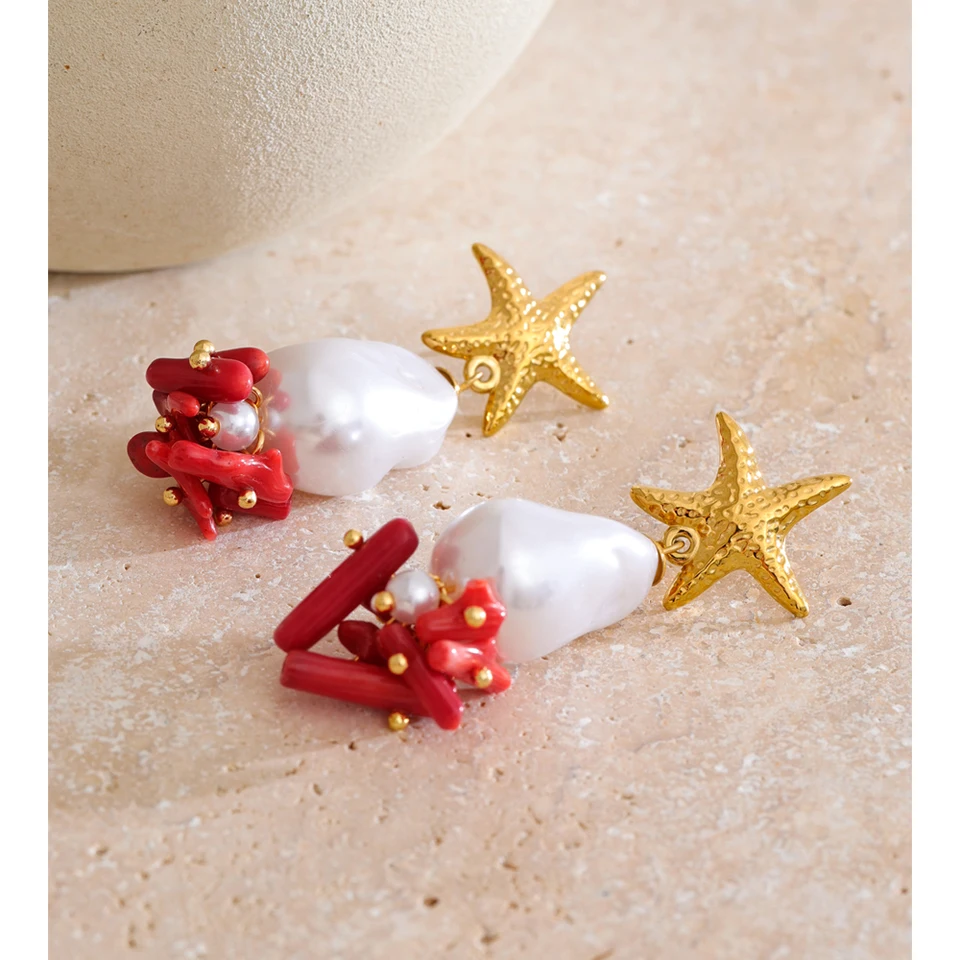 Yhpup ファッション天然石模擬真珠ヒトデサボテンドロップイヤリング