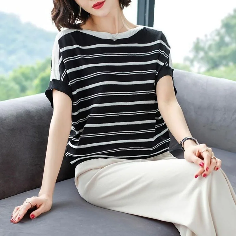 Fashion Printed O-Neck All-match Striped Blouse Women's Clothing 2023 Spring New Loose Casual Pullovers Batwing Sleeve Shirt