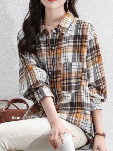 여성용 체크 셔츠, 긴팔, 캐주얼 라펠, 턴다운 칼라, 체크 무늬, 클래식 싱글 브레스트 상의, 세련된 빈티지 5