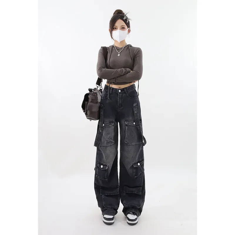 Y2K Emo Korean Vintage Streetwear Black Cargo Baggy Jeans for Women - true deals club