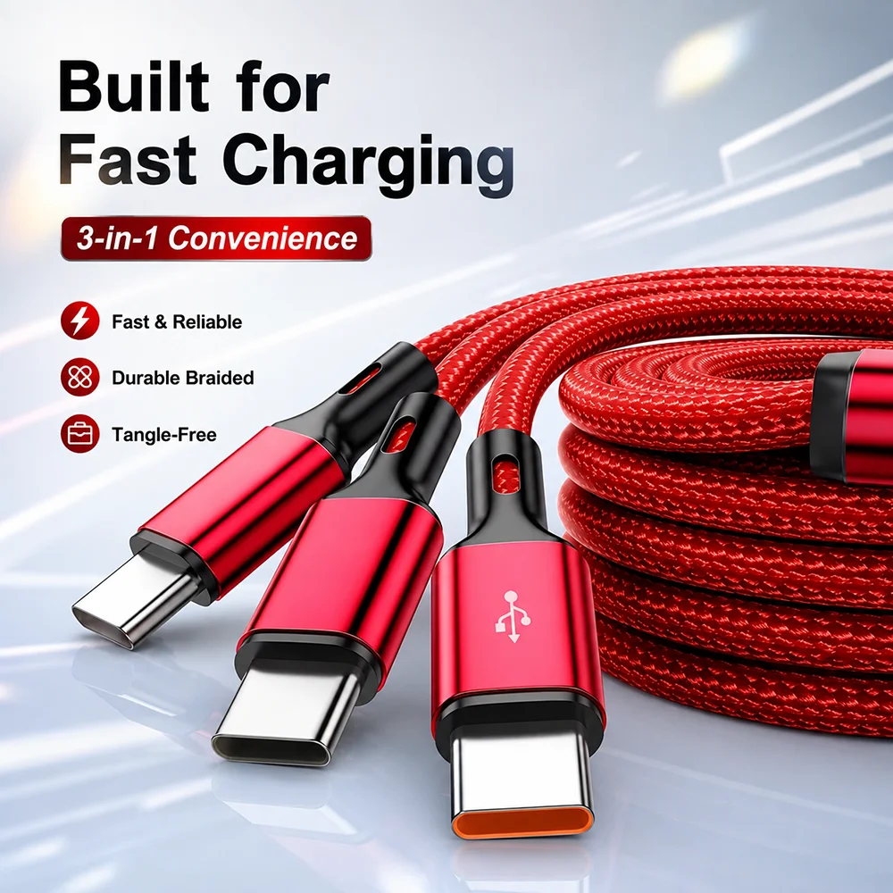 Universal 3-in-1 High-Power Fast Charging Cable with USB A to Triple Type-C Ports