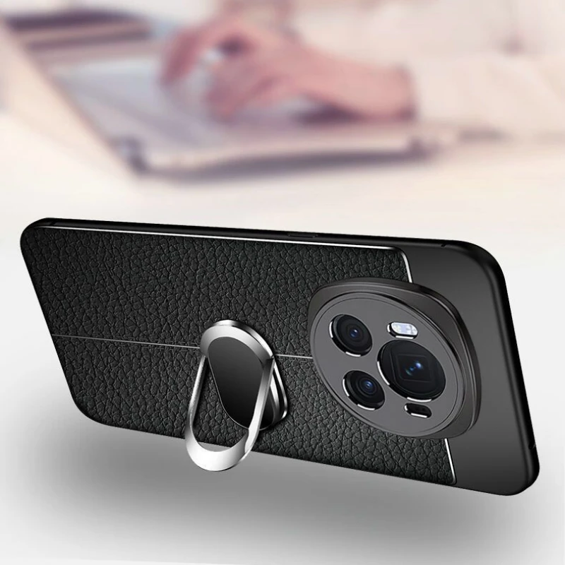 Enhanced Magnetic Phone Case with Holder Ring, PU Silicone Shockproof Bumper Cover