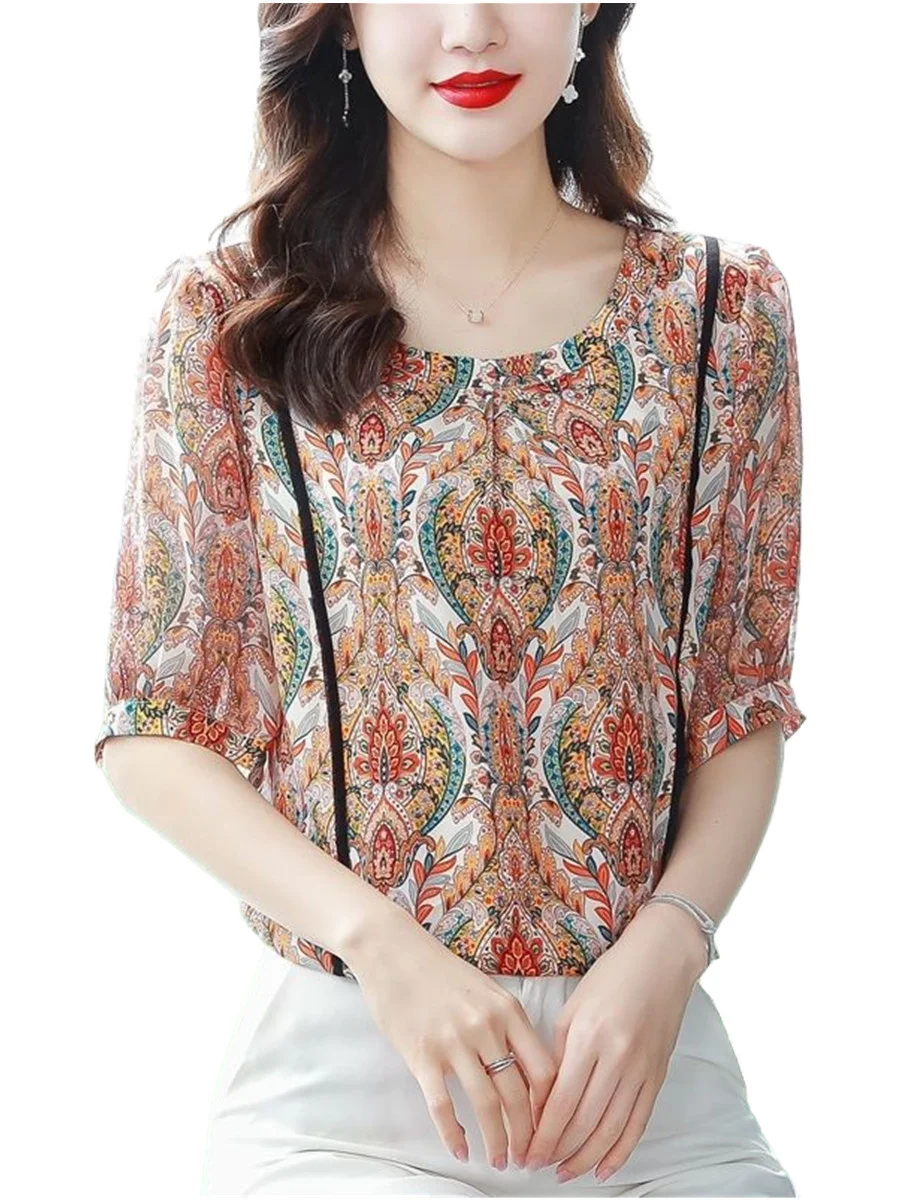 

Women Spring Summer Blouses Shirts Lady Fashion Casual Short Sleeve O-Neck Collar Dots Flower Printing Blusas Tops G2196